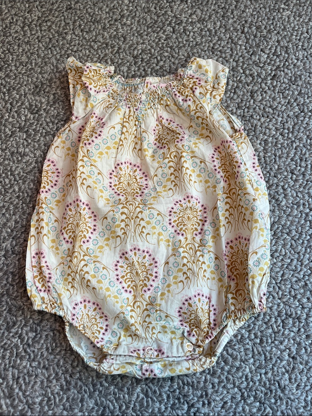 Bonpoint Cream Floral Print Baby Romper with Gold and Pink Accents